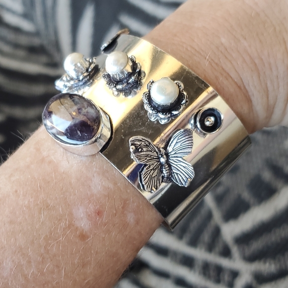 New Chevron Amethyst & Pearl 925 Silver Butterflies Adjustable Cuff Bracelet. - Picture 12 of 14